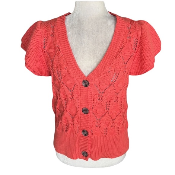 Marc New York Coral Pointelle Knit Ruffle Sleeve Button Cardigan in Cayenne M - Picture 1 of 10